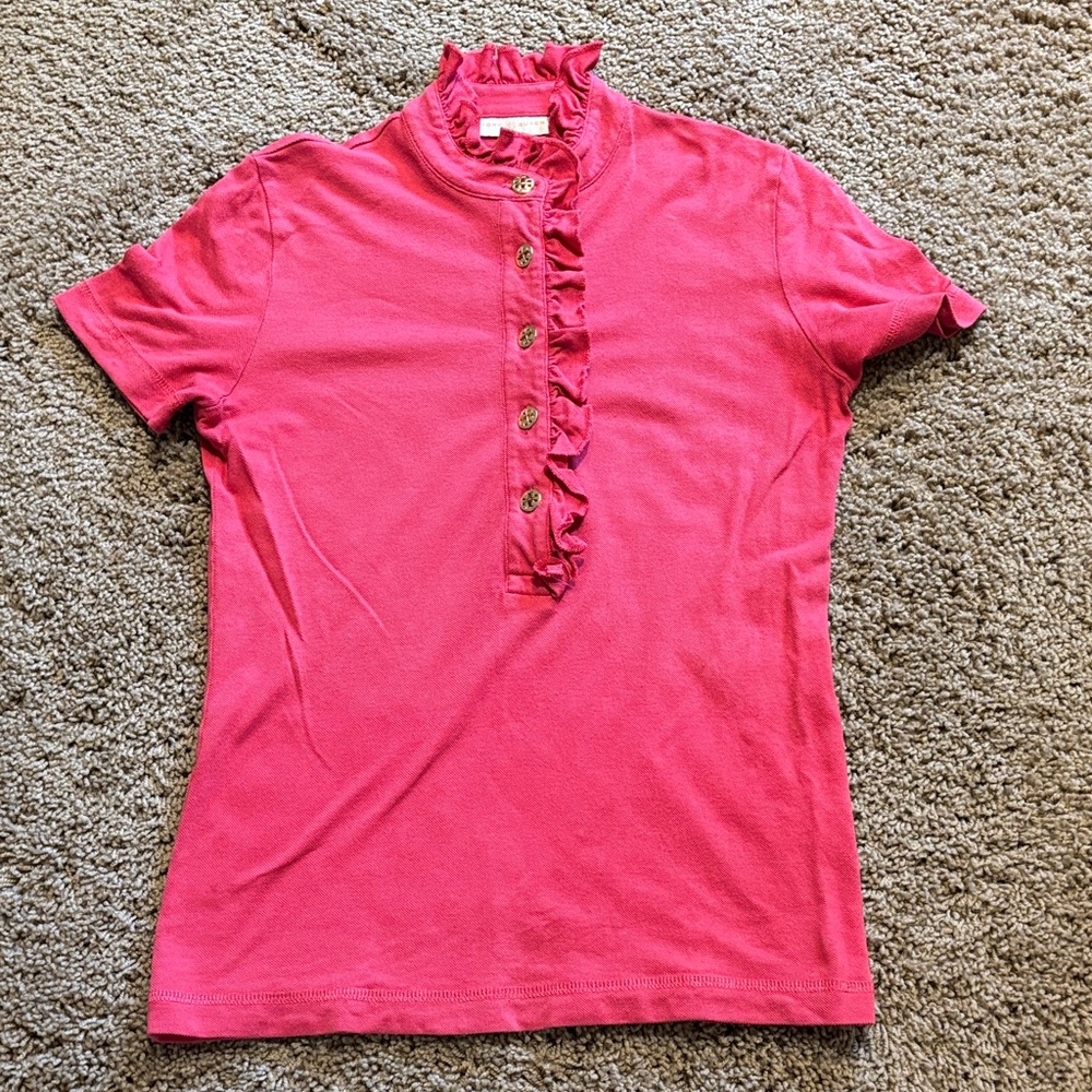 Tory Burch Short Sleeve Romilly Ruffle Polo Shirt